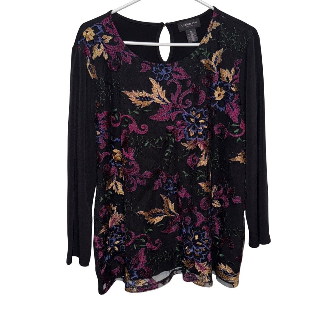 Liz Claiborne Career Floral Embroidered Black Blouse 3/4 Sleeves Womens XL